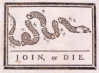 Join or Die, exhortation by Benjamin Franklin, 1754 by American School